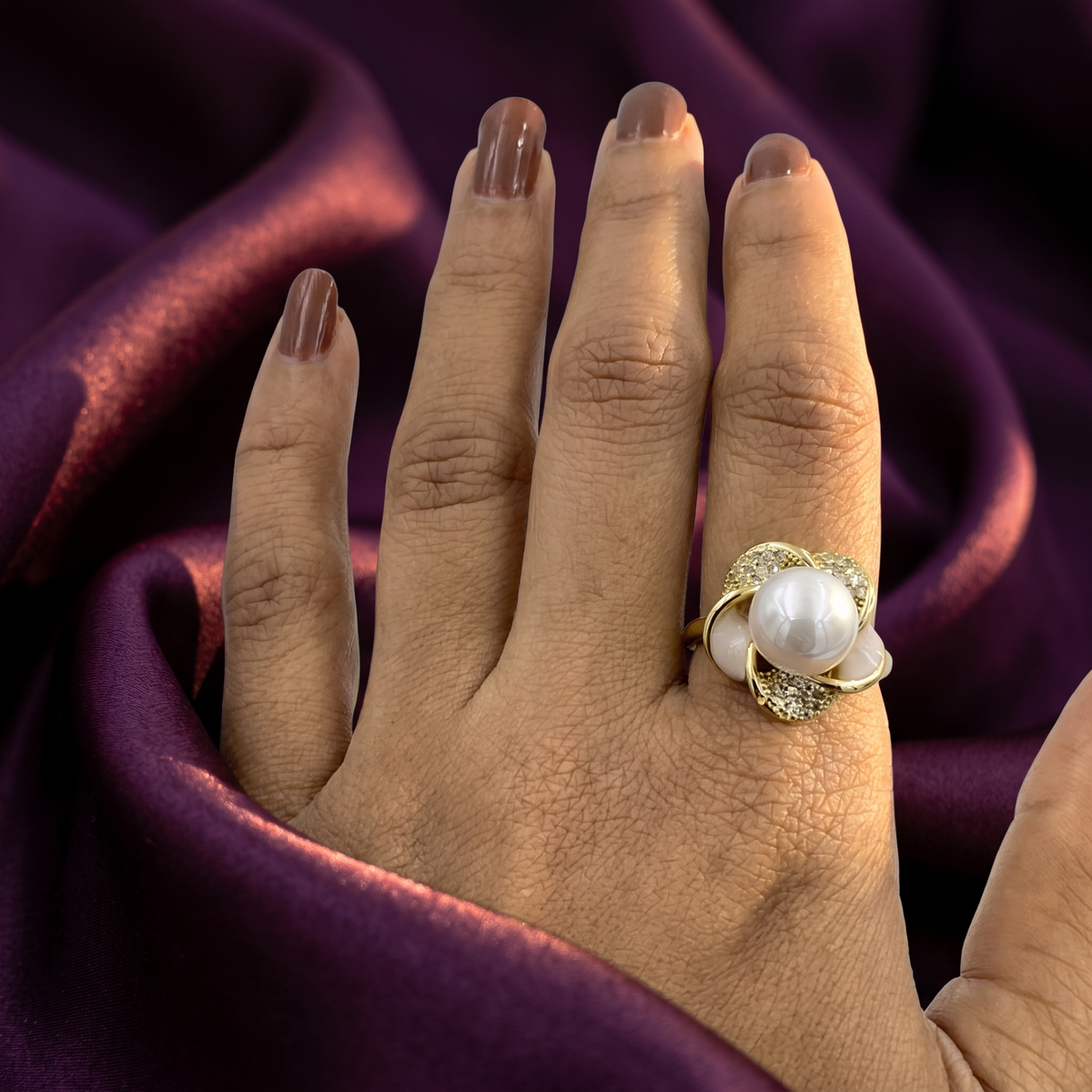 Gold Open Pearl Flower Ring with Crystal and White Ceramic Petals | S.W.ANJ