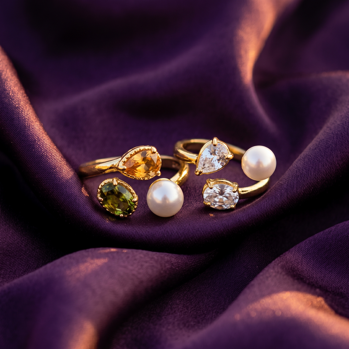 Gold Open Ring with Pearl and Pear & Oval Crystals | S.W.ANJ