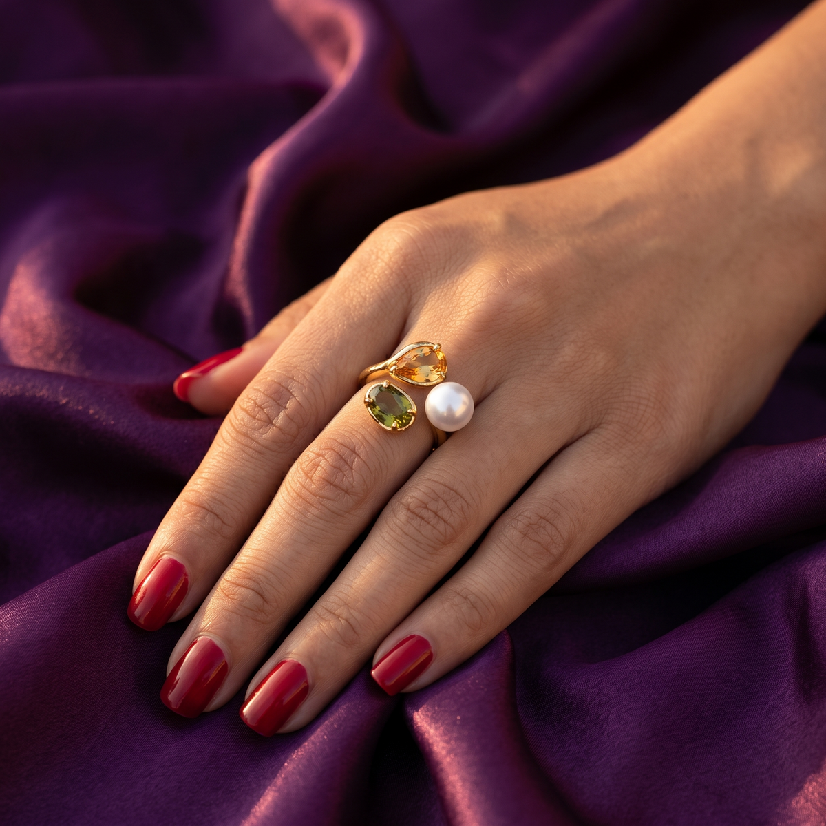Gold Open Ring with Pearl and Pear & Oval Crystals | S.W.ANJ