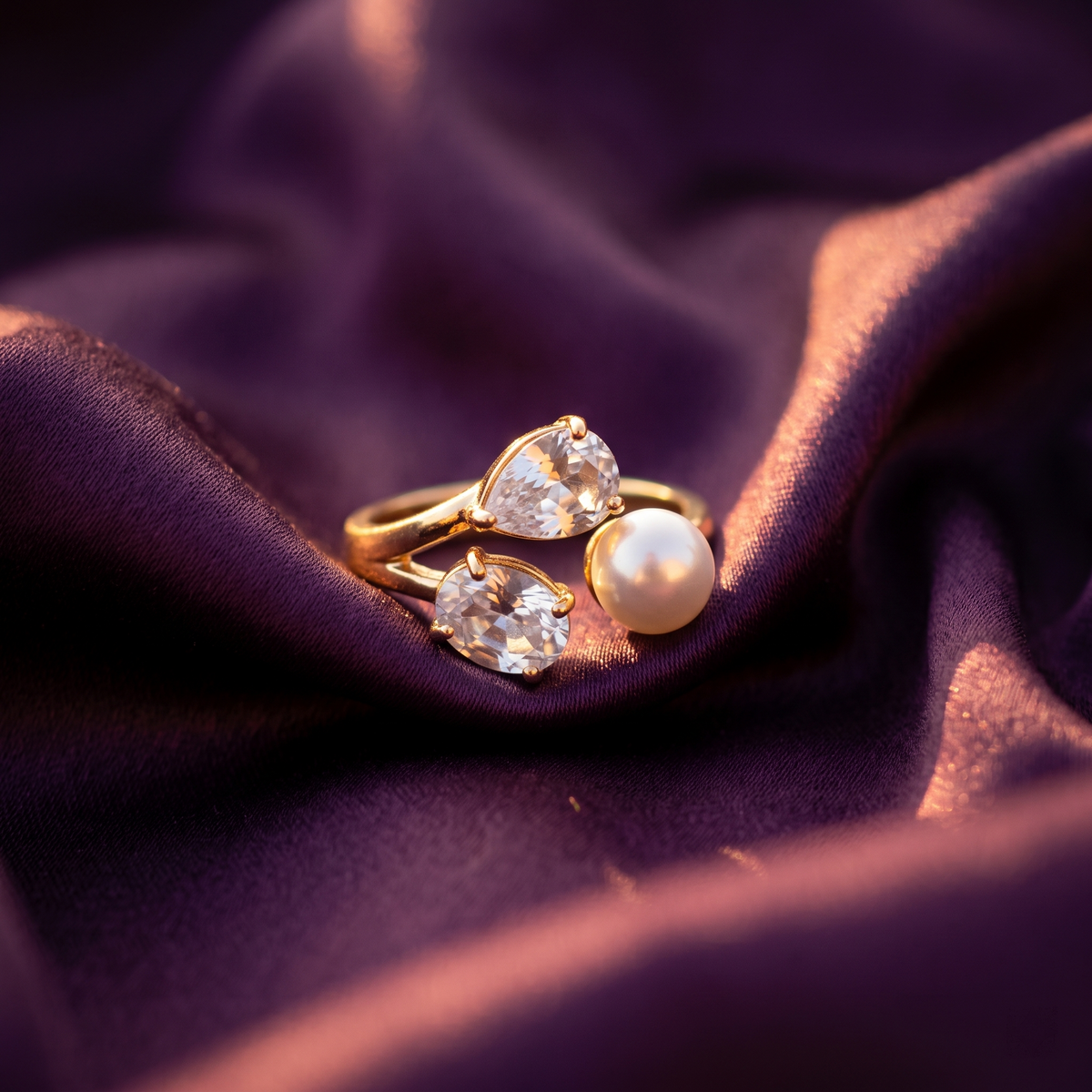 Gold Open Ring with Pearl and Pear & Oval Crystals | S.W.ANJ