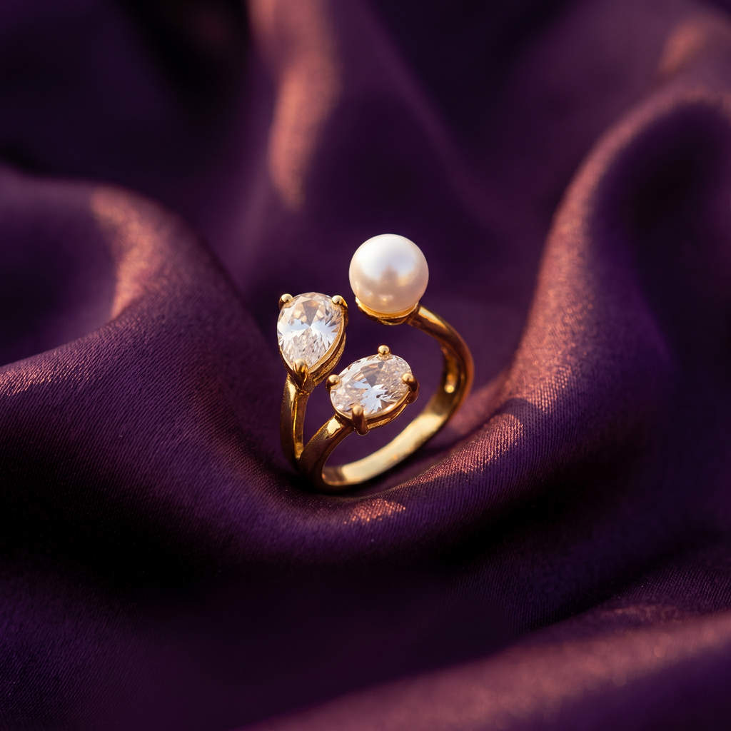 Gold Open Ring with Pearl and Pear & Oval Crystals | S.W.ANJ