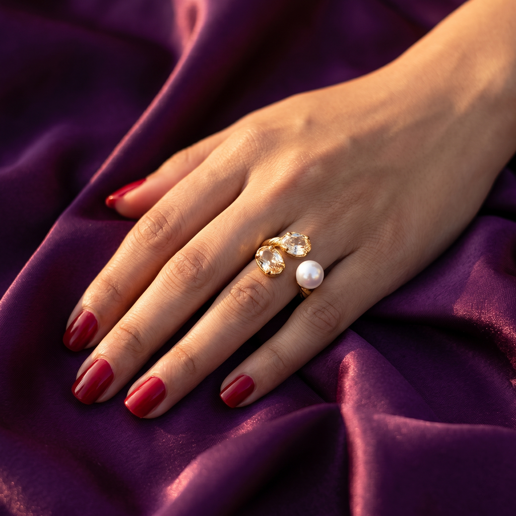 Gold Open Ring with Pearl and Pear & Oval Crystals | S.W.ANJ