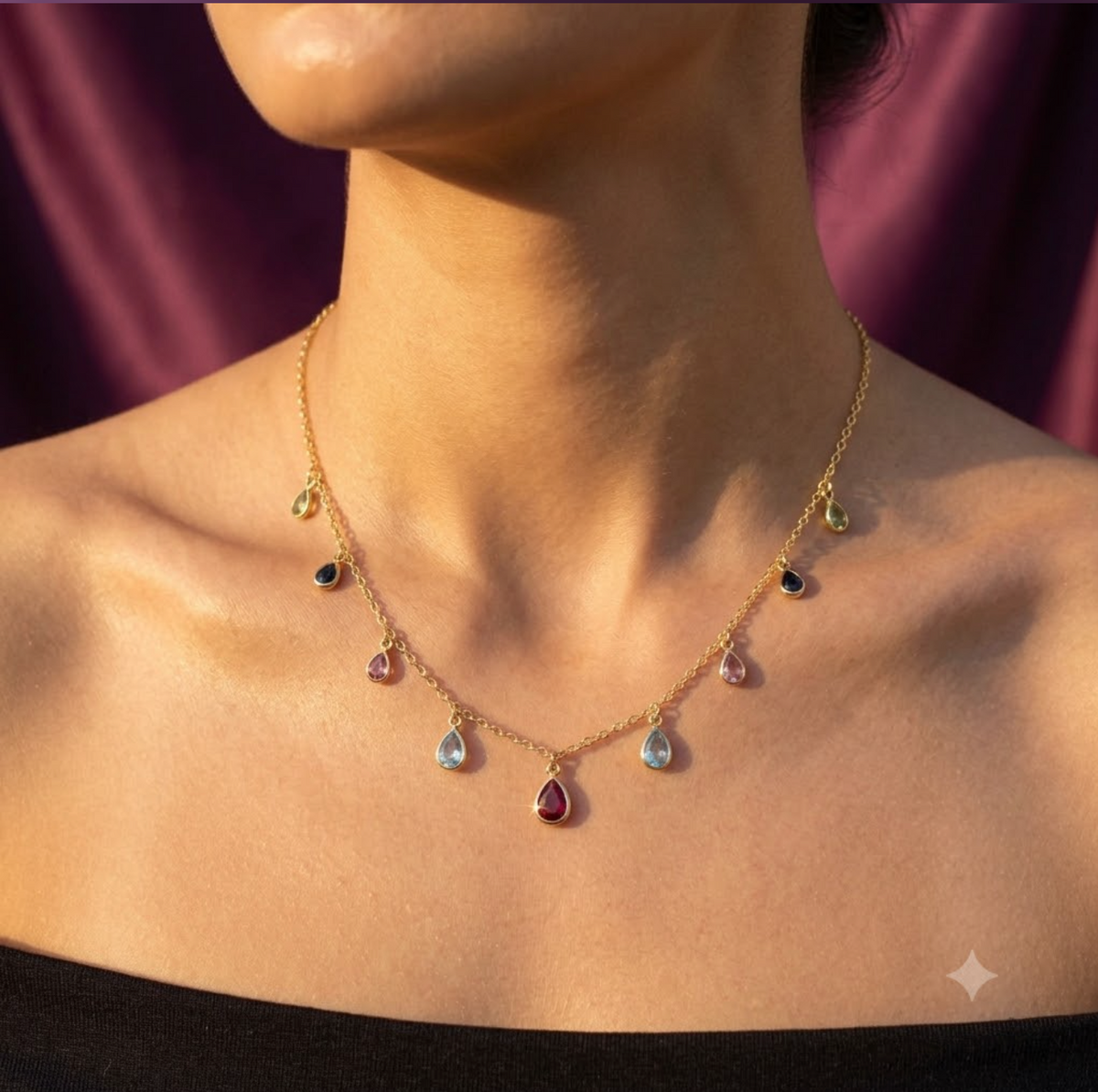 Gold Multicolour Teardrop Charm Necklace & Bracelet with Ruby Centre Drop | S.W.ANJ