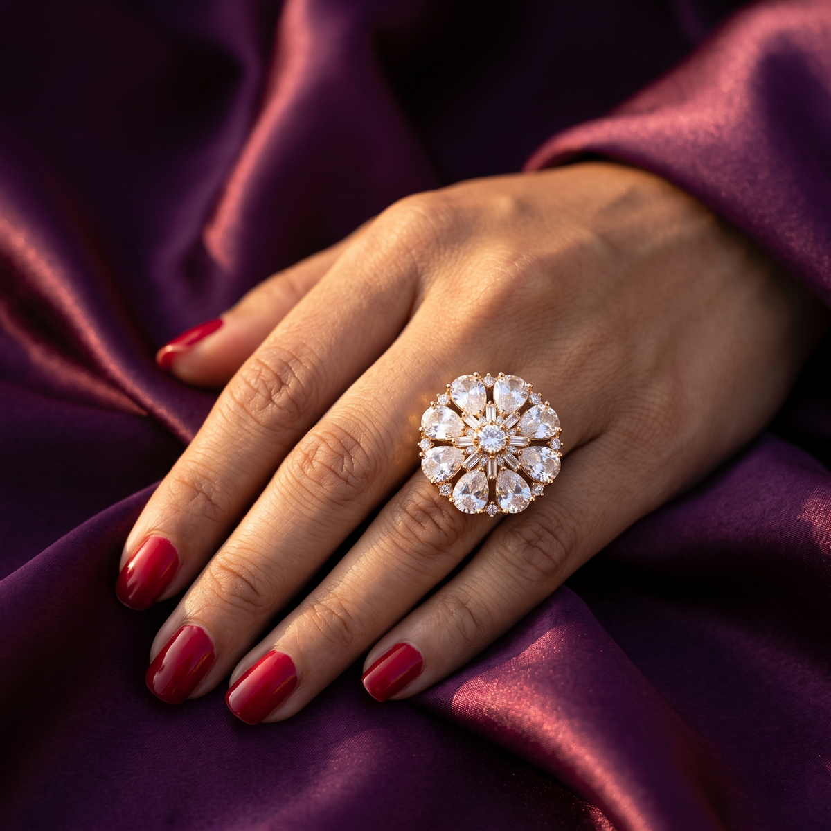 Gold Crystal Bloom Cocktail Ring with Pear and Baguette Stones | S.W.ANJ