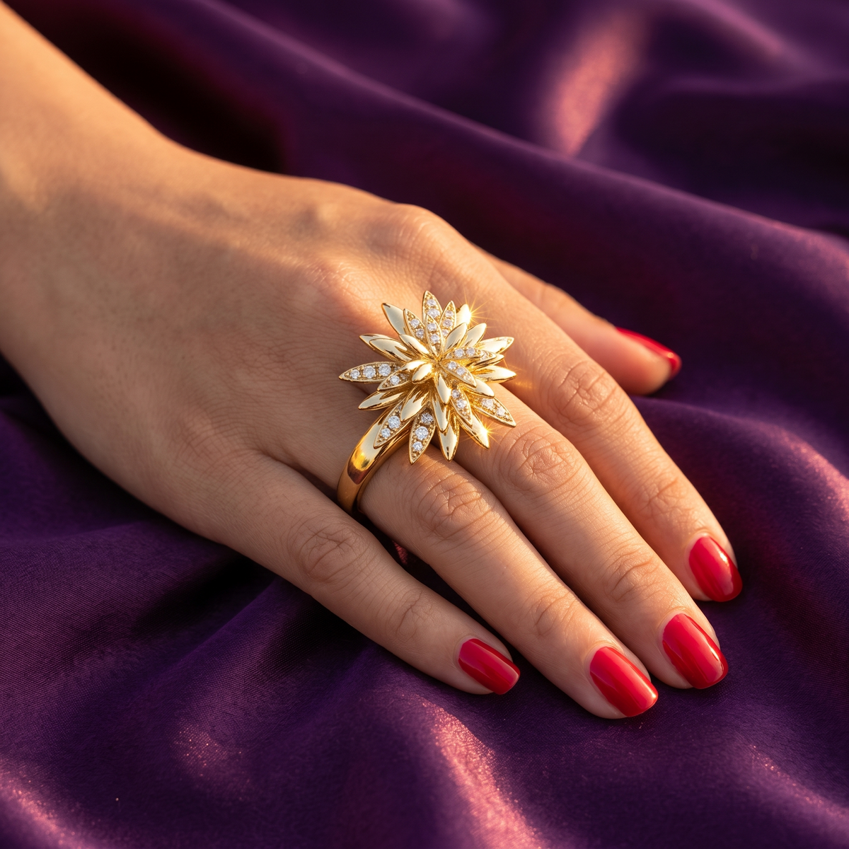 Gold Marigold Flower Cocktail Ring with Crystal Petals | S.W.ANJ