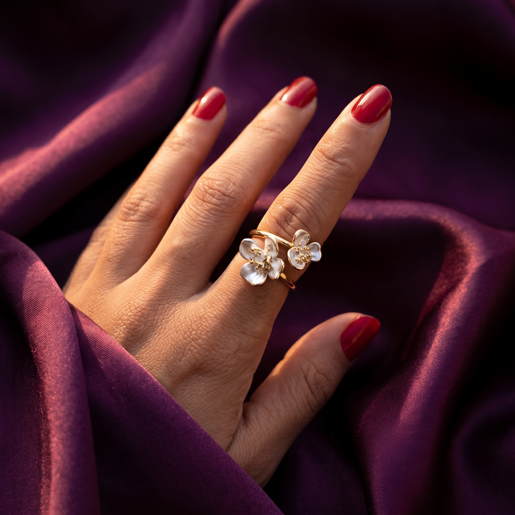 Gold Twin Blossom Bypass Ring with Pearly White Petals | S.W.ANJ