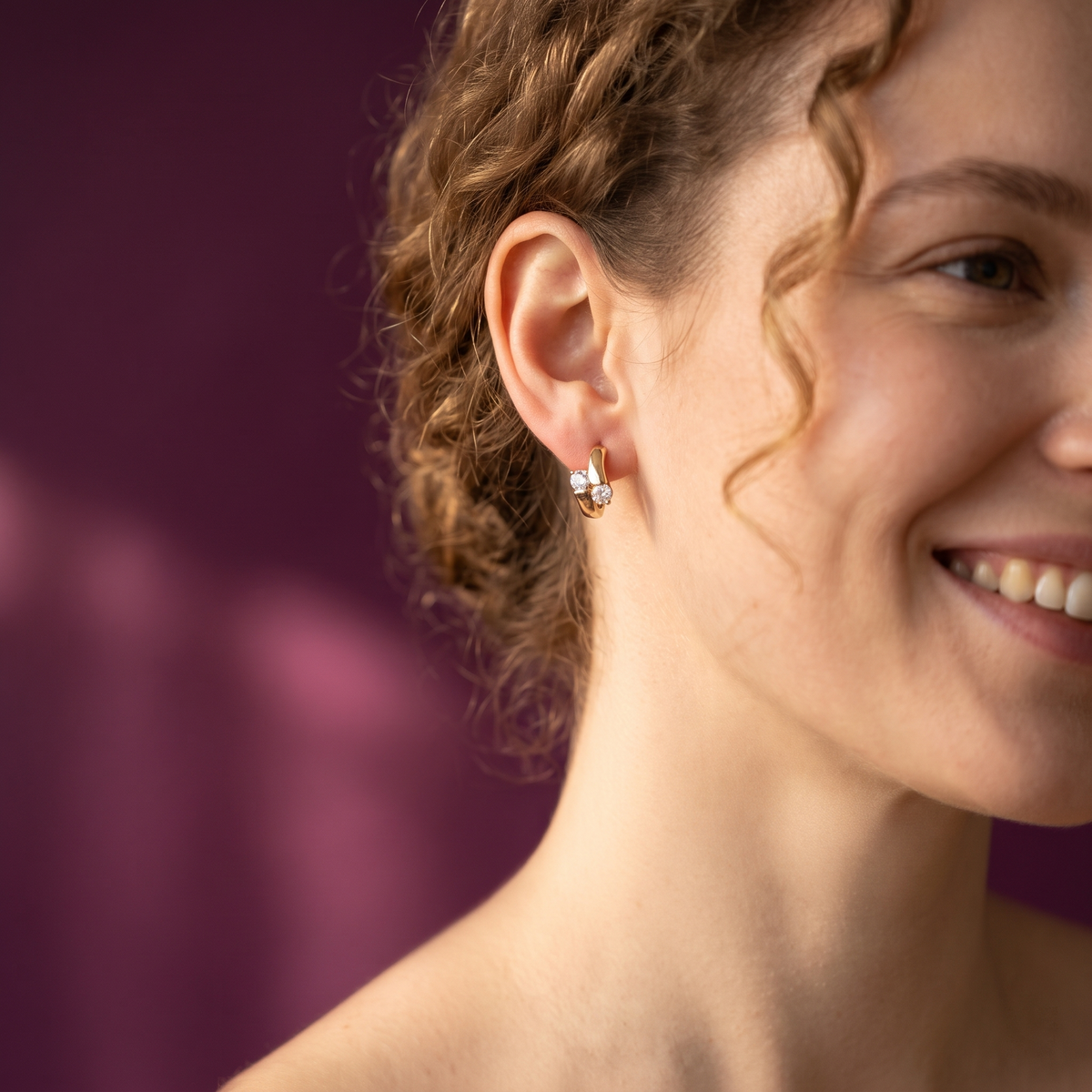 Gold-Tone Twist Huggie Hoop Earrings with Two Crystals | S.W.ANJ