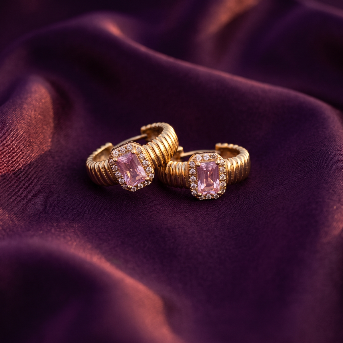 Gold-Tone Rose Pink Emerald-Cut Stone Huggie Hoop Earrings | S.W.ANJ