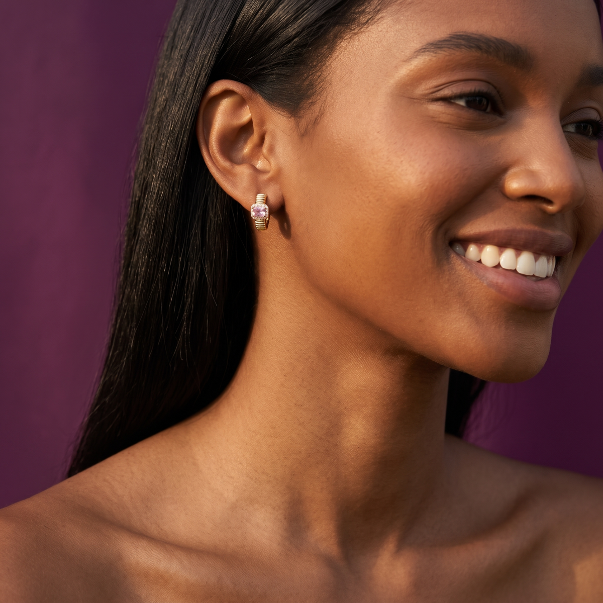 Gold-Tone Rose Pink Emerald-Cut Stone Huggie Hoop Earrings | S.W.ANJ