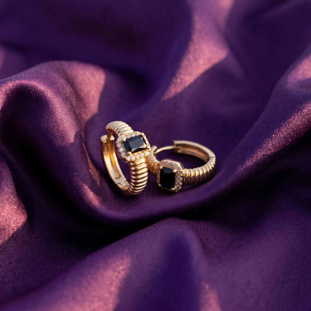 Gold-Tone Jet Black Emerald-Cut Stone Huggie Hoop Earrings | S.W.ANJ