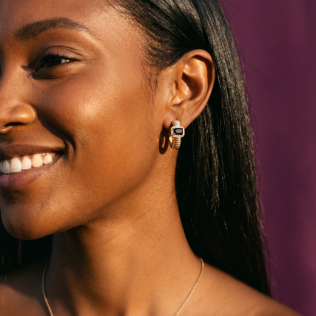 Gold-Tone Jet Black Emerald-Cut Stone Huggie Hoop Earrings | S.W.ANJ