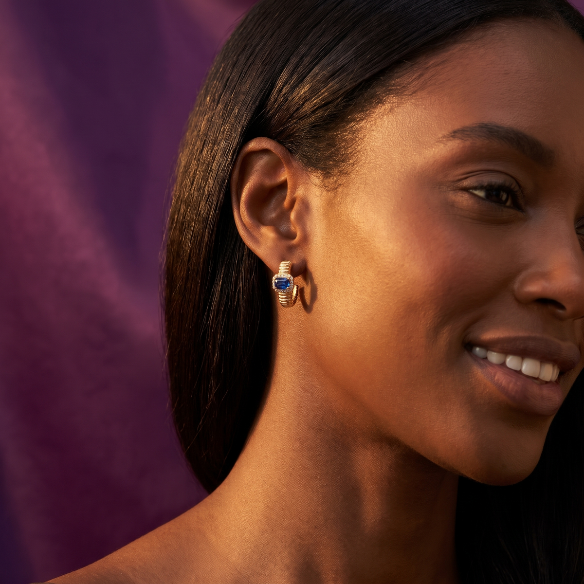 Gold-Tone Royal Blue Emerald-Cut Stone Huggie Hoop Earrings | S.W.ANJ