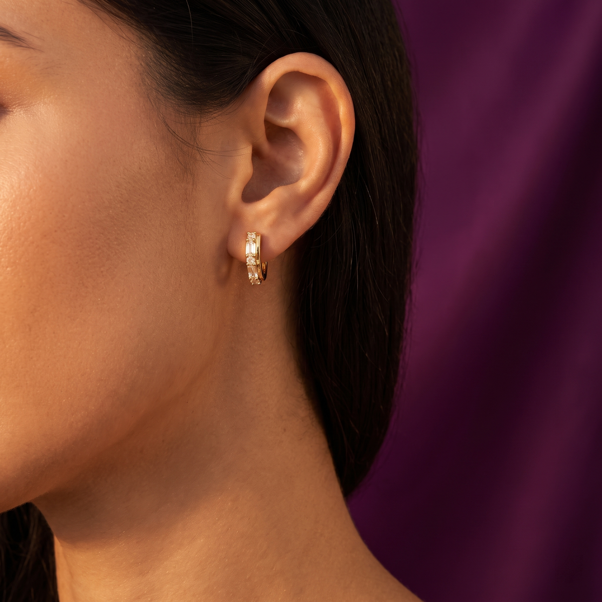 Gold-Tone Baguette & Round Crystal Line Huggie Earrings | S.W.ANJ