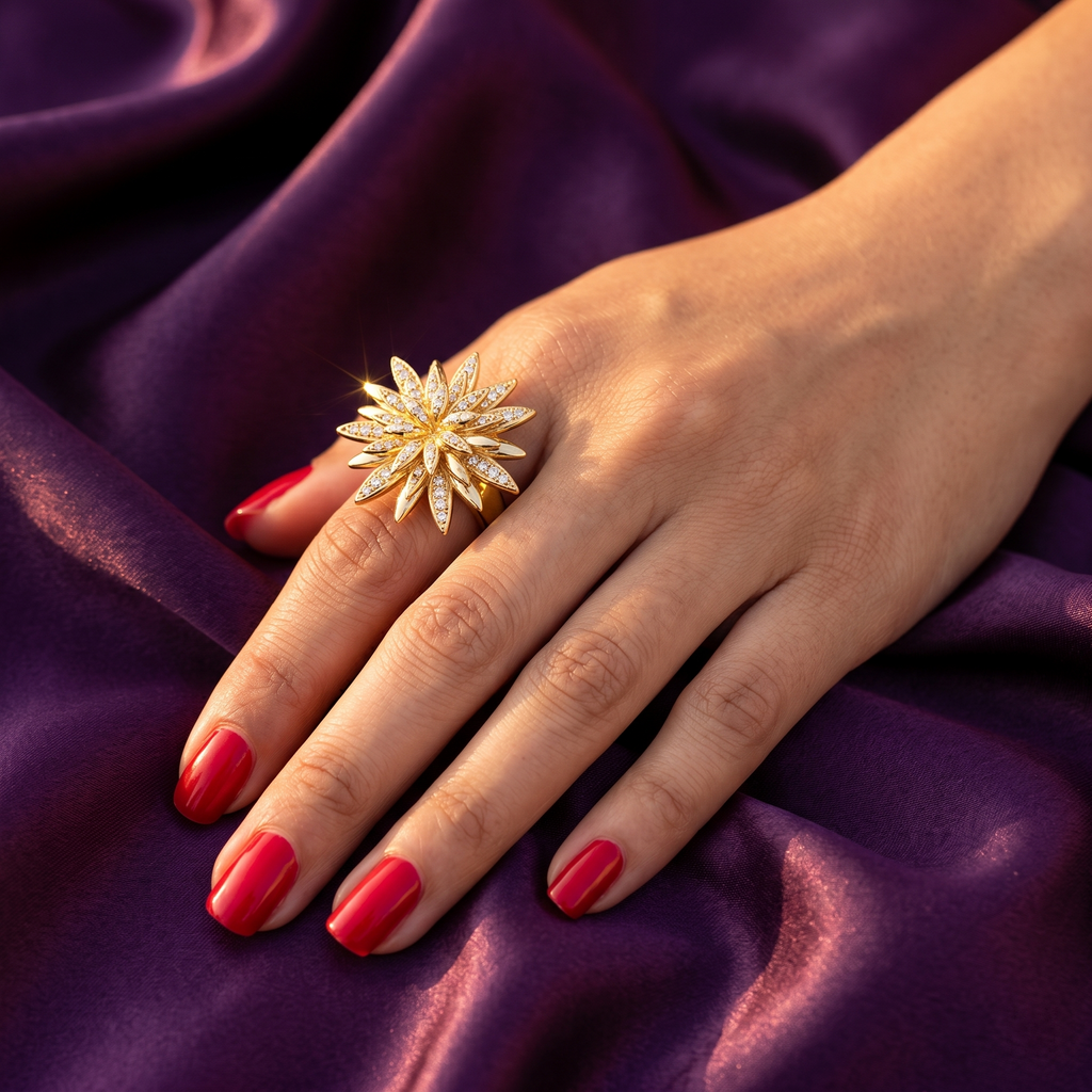 Gold Marigold Flower Cocktail Ring with Crystal Petals | S.W.ANJ