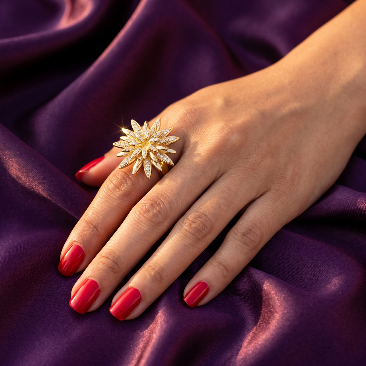 Gold Marigold Flower Cocktail Ring with Crystal Petals | S.W.ANJ