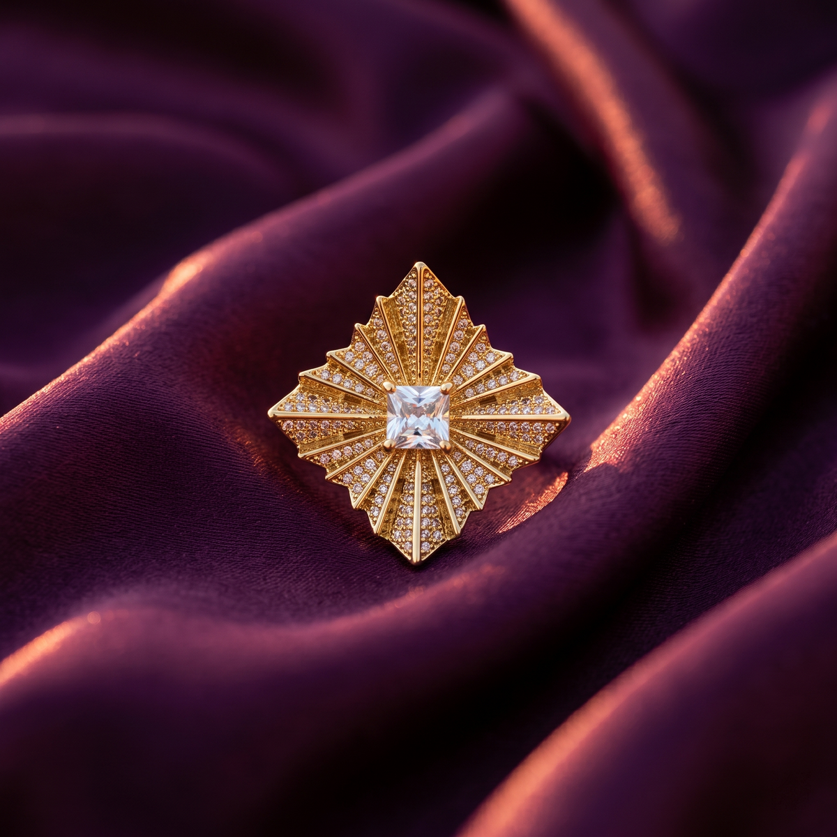 Gold Art Deco Square Sunburst Cocktail Ring with Cushion Crystal | S.W.ANJ