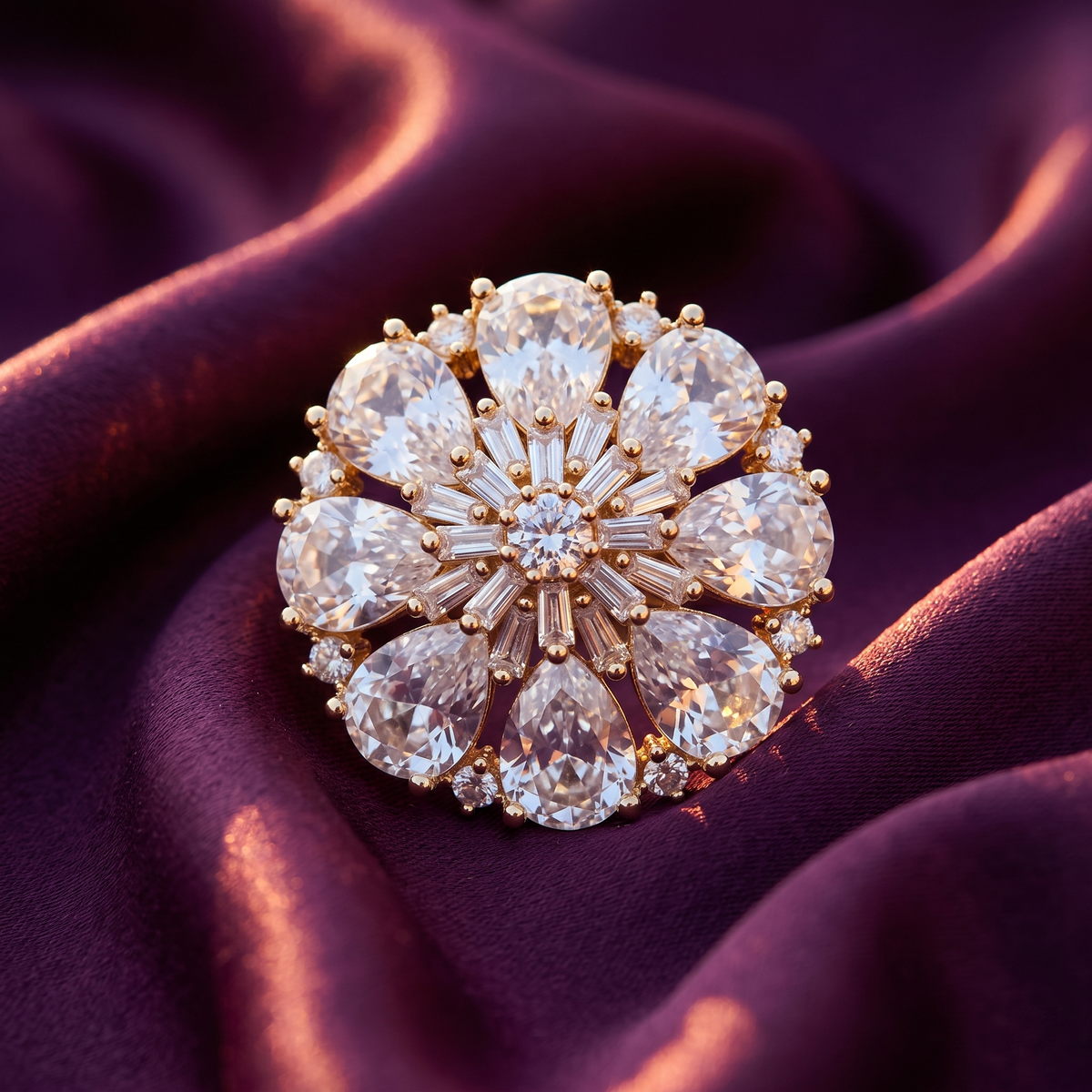 Gold Crystal Bloom Cocktail Ring with Pear and Baguette Stones | S.W.ANJ
