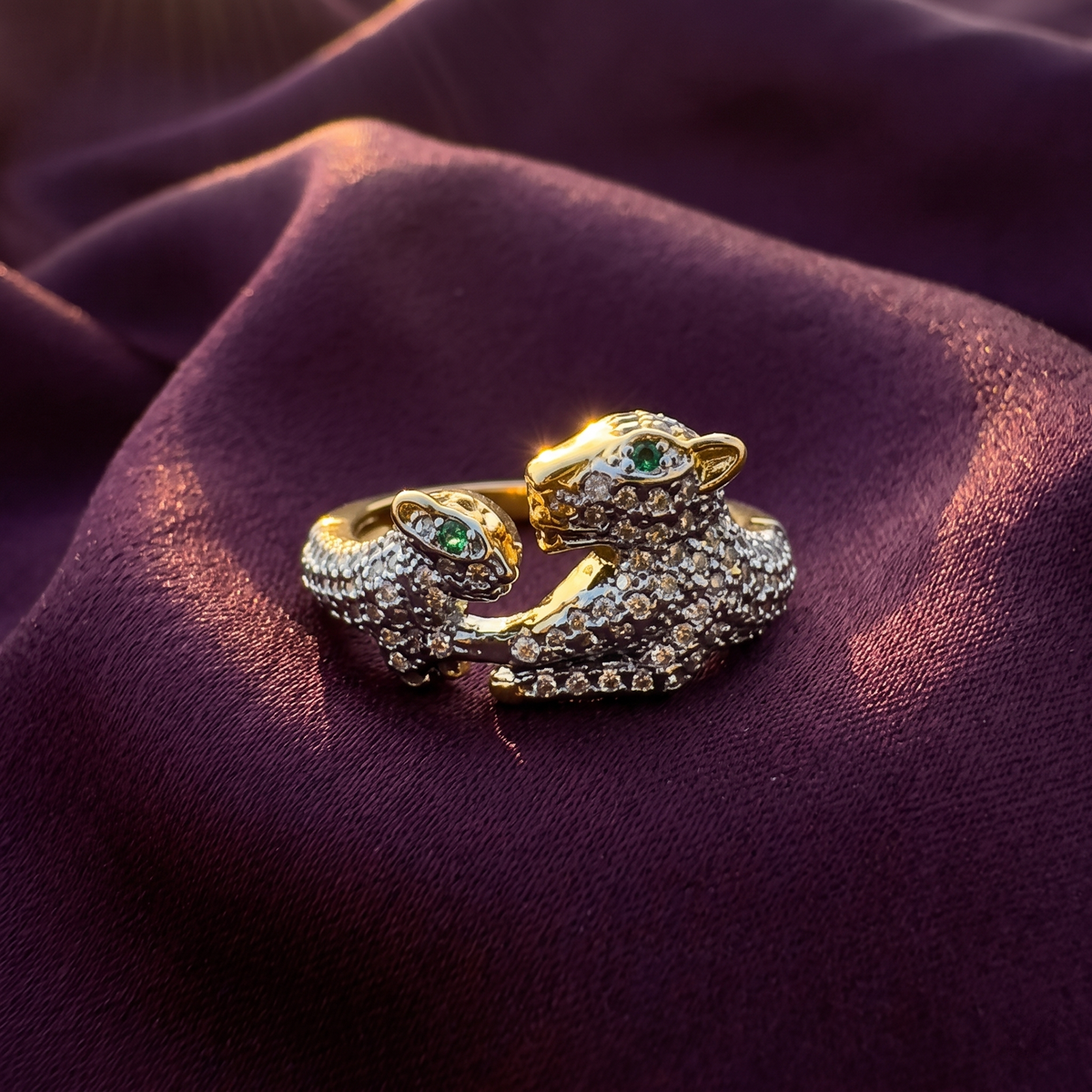 Gold crystal leopard cub ring with green eyes on plum satin – pave panther statement ring by Style With Anjaly