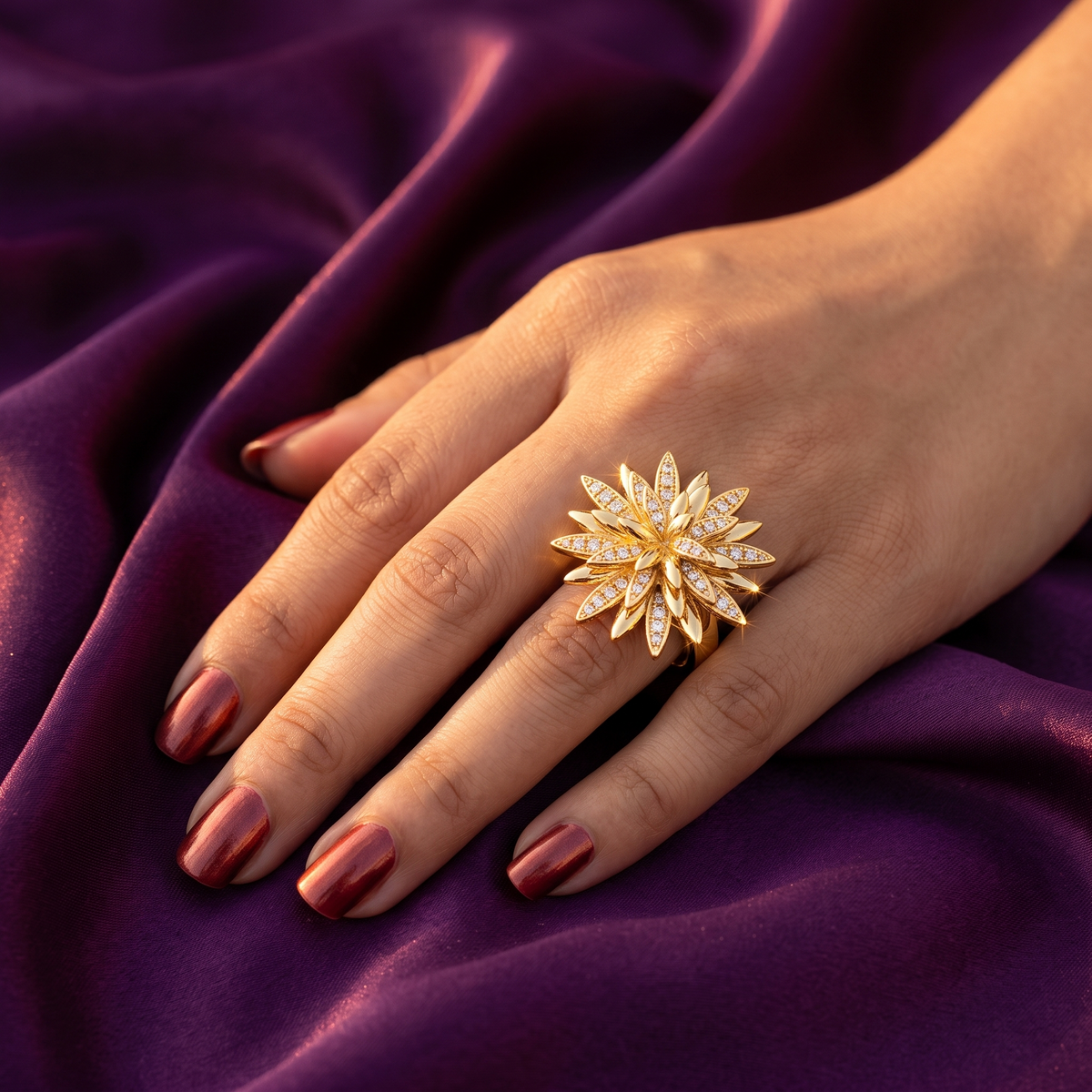 Gold Marigold Flower Cocktail Ring with Crystal Petals | S.W.ANJ