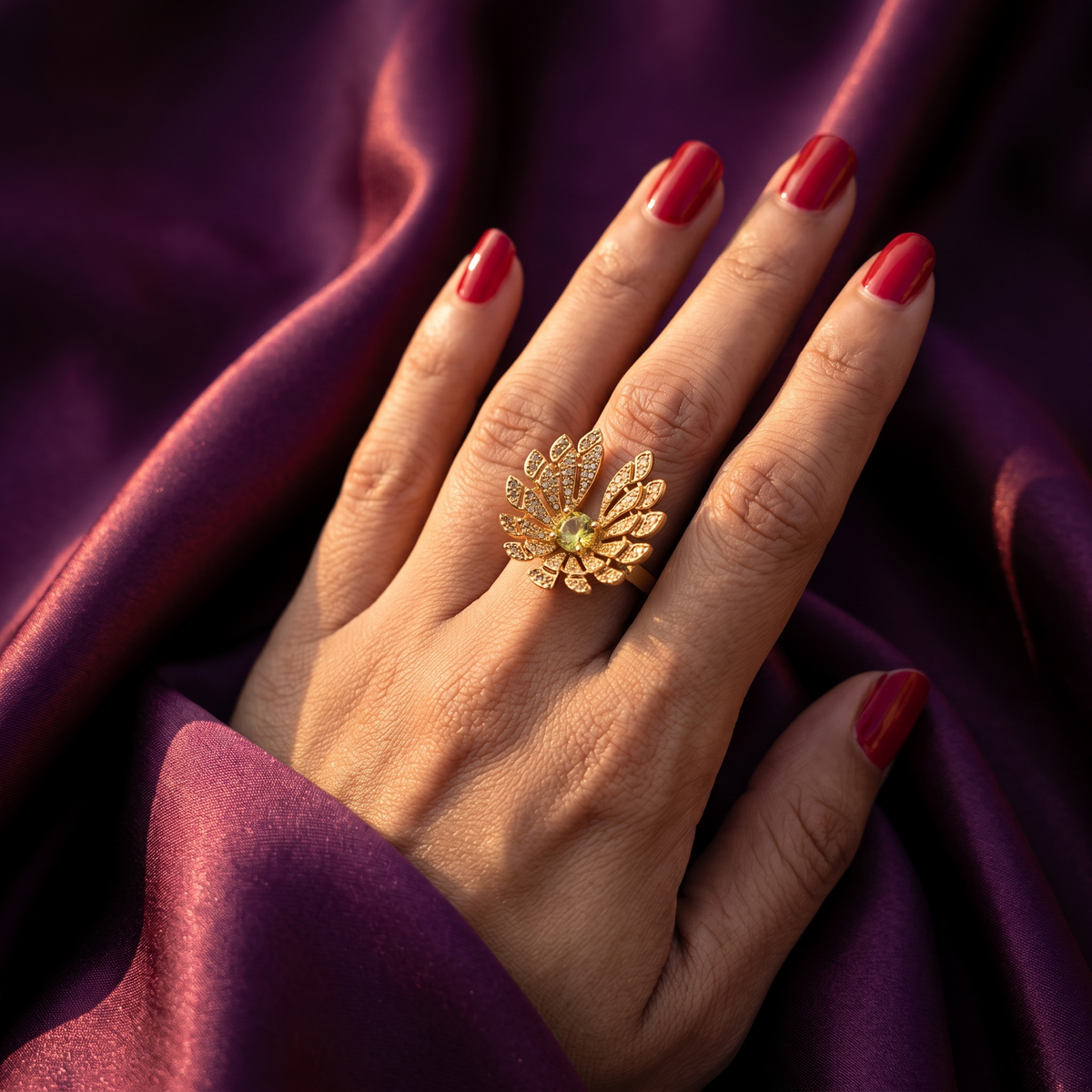 Gold Leaf Fan Flower Cocktail Ring with Yellow Crystal | S.W.ANJ