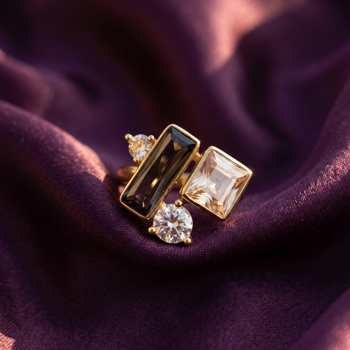 Gold four-stone crystal cluster ring with smoky baguette and champagne crystals on plum satin – statement cocktail ring by Style With Anjaly