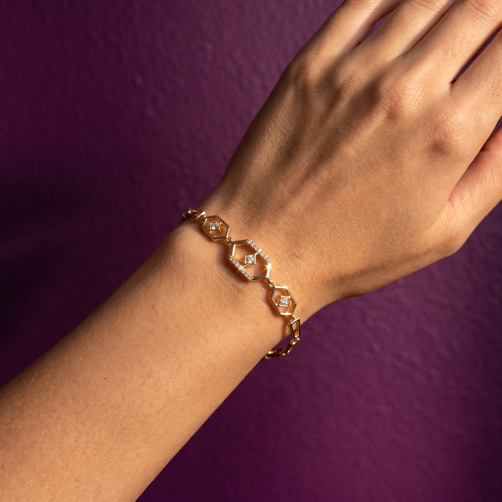 Gold Hexagon Geometric Link Bracelet with Crystals | S.W.ANJ