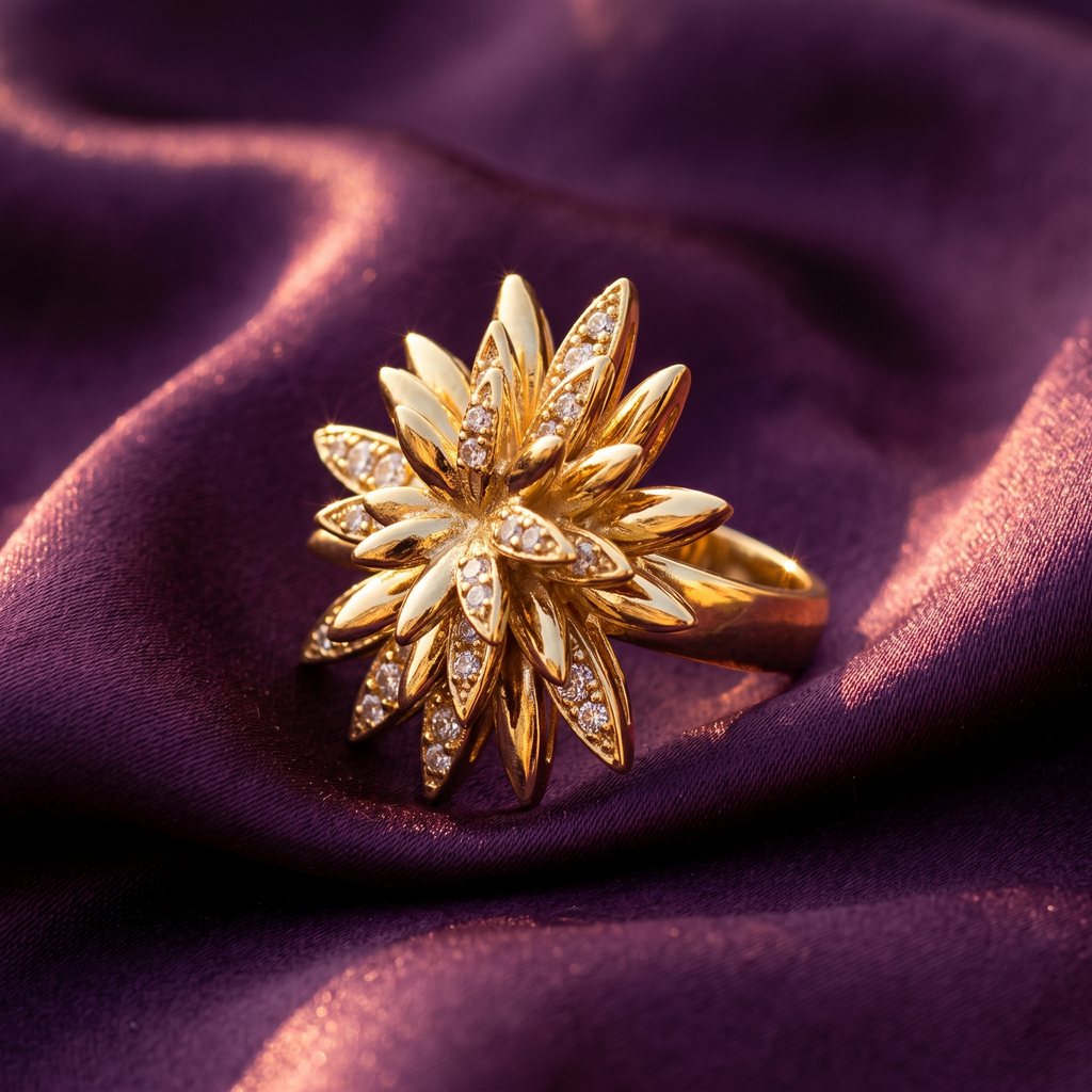 Gold Marigold Flower Cocktail Ring with Crystal Petals | S.W.ANJ