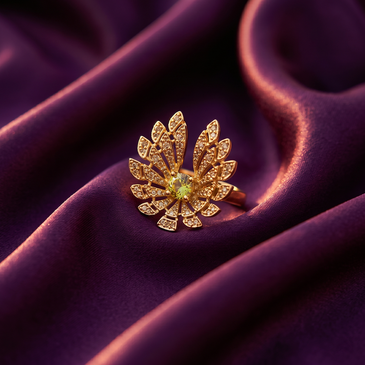 Gold Leaf Fan Flower Cocktail Ring with Yellow Crystal | S.W.ANJ