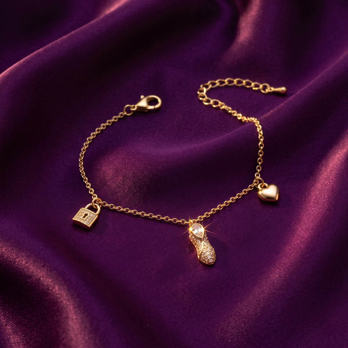 Gold Lock & Heart Charm Chain Bracelet | S.W.ANJ