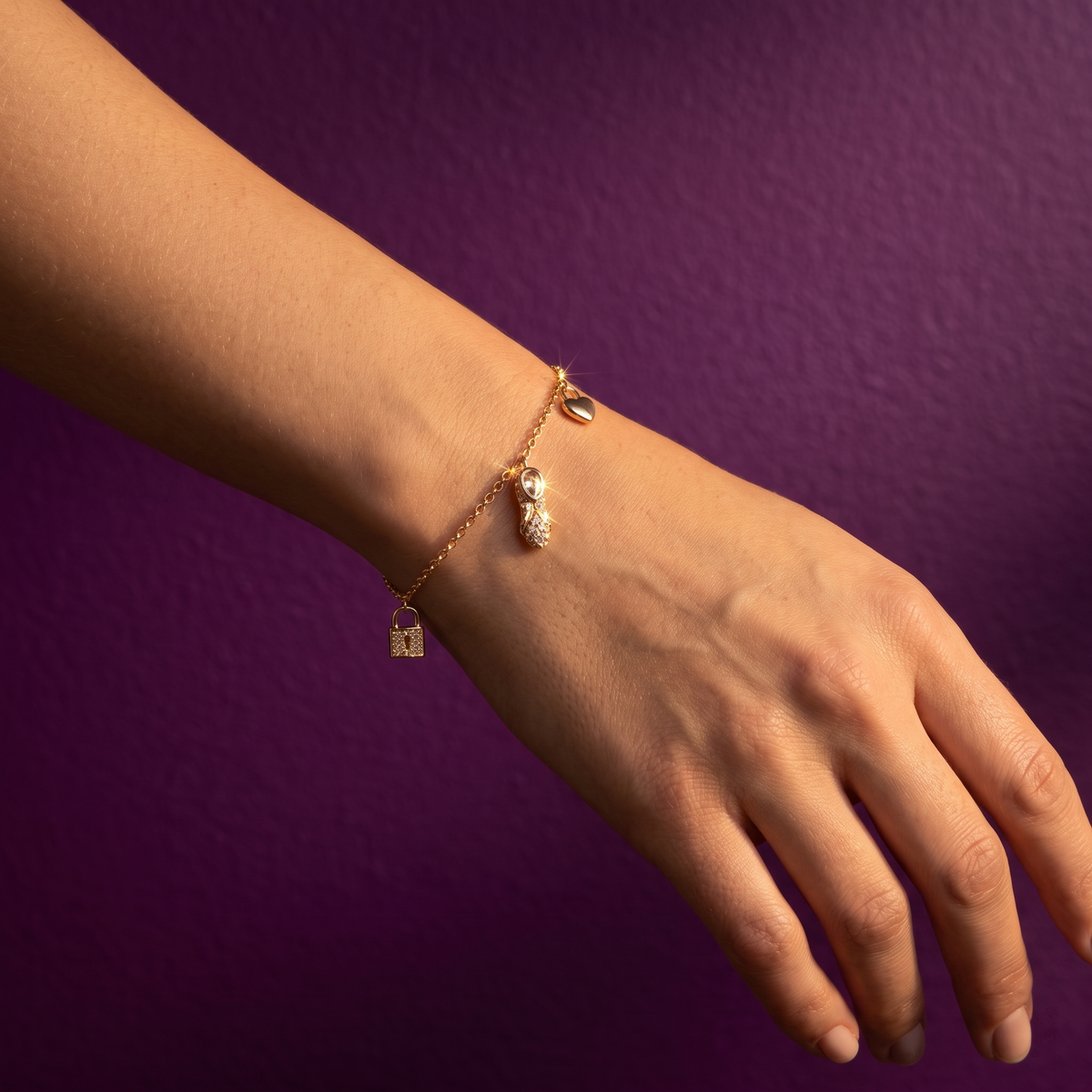 Gold Lock & Heart Charm Chain Bracelet | S.W.ANJ