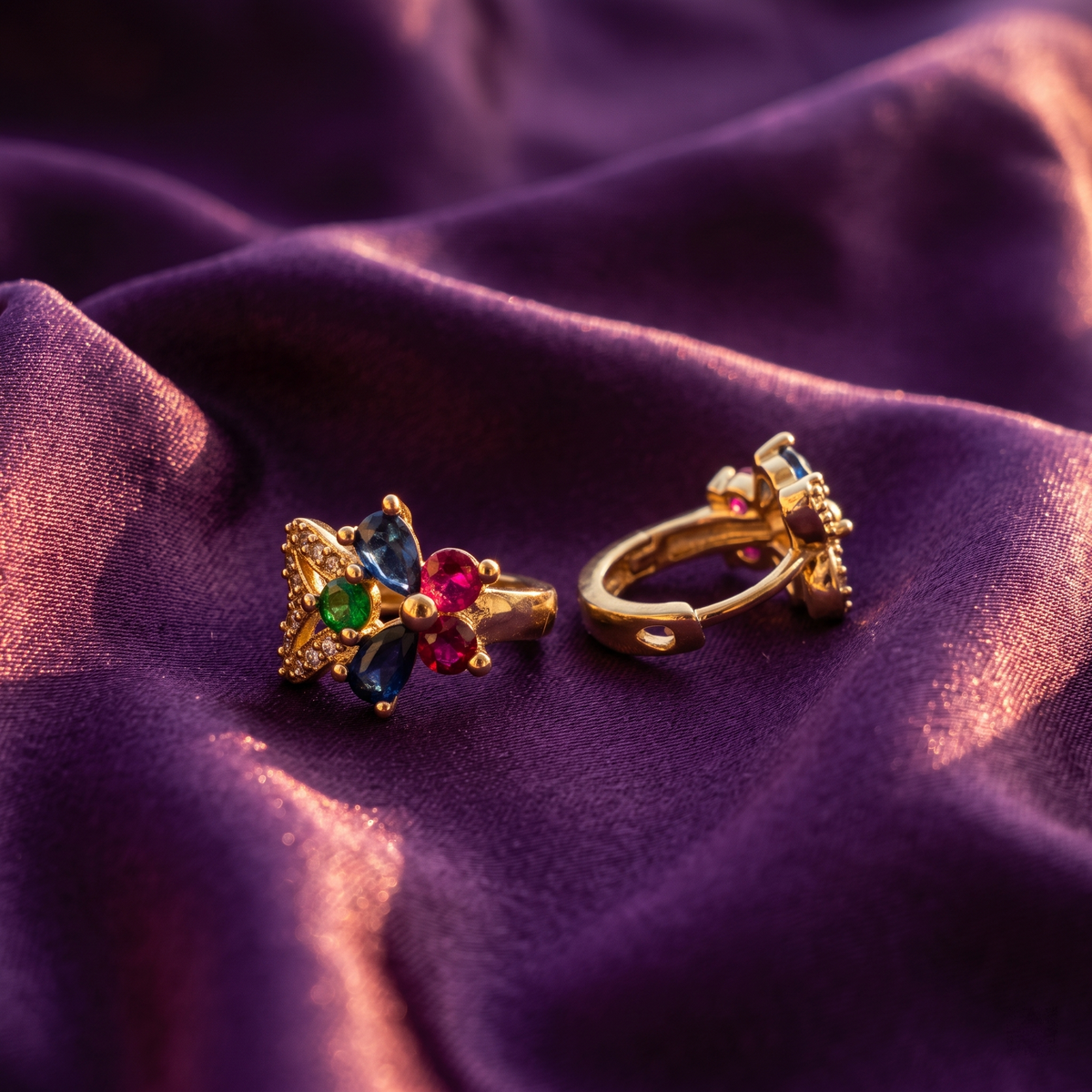 Gold Multicolour Crystal Flower Huggie Hoop Earrings | S.W.ANJ