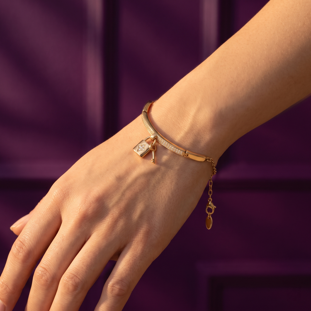 Gold Pavé Bar Bracelet with Padlock & Key Charm | S.W.ANJ