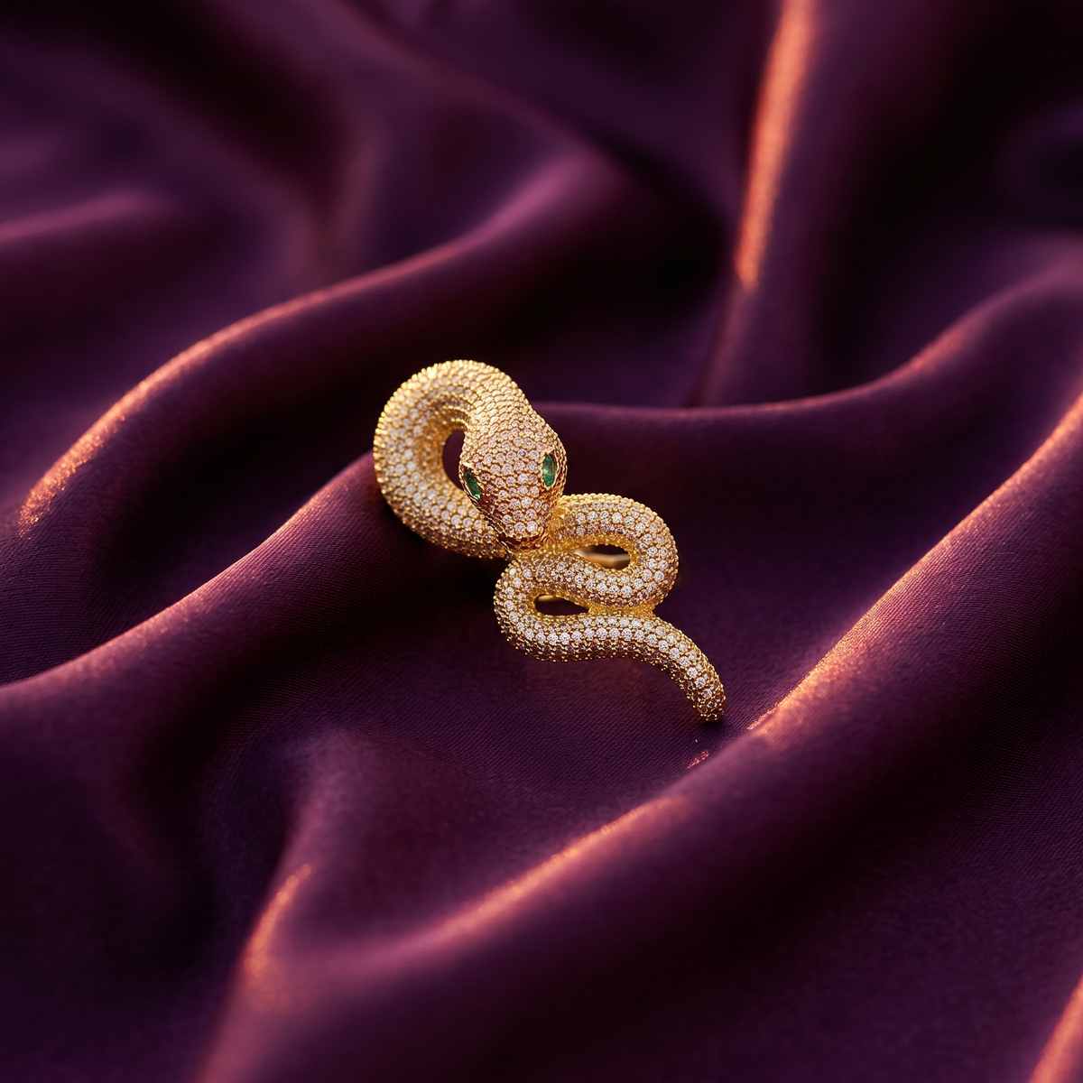 Gold Pavé Crystal Serpent Statement Ring with Green Eyes | S.W.ANJ