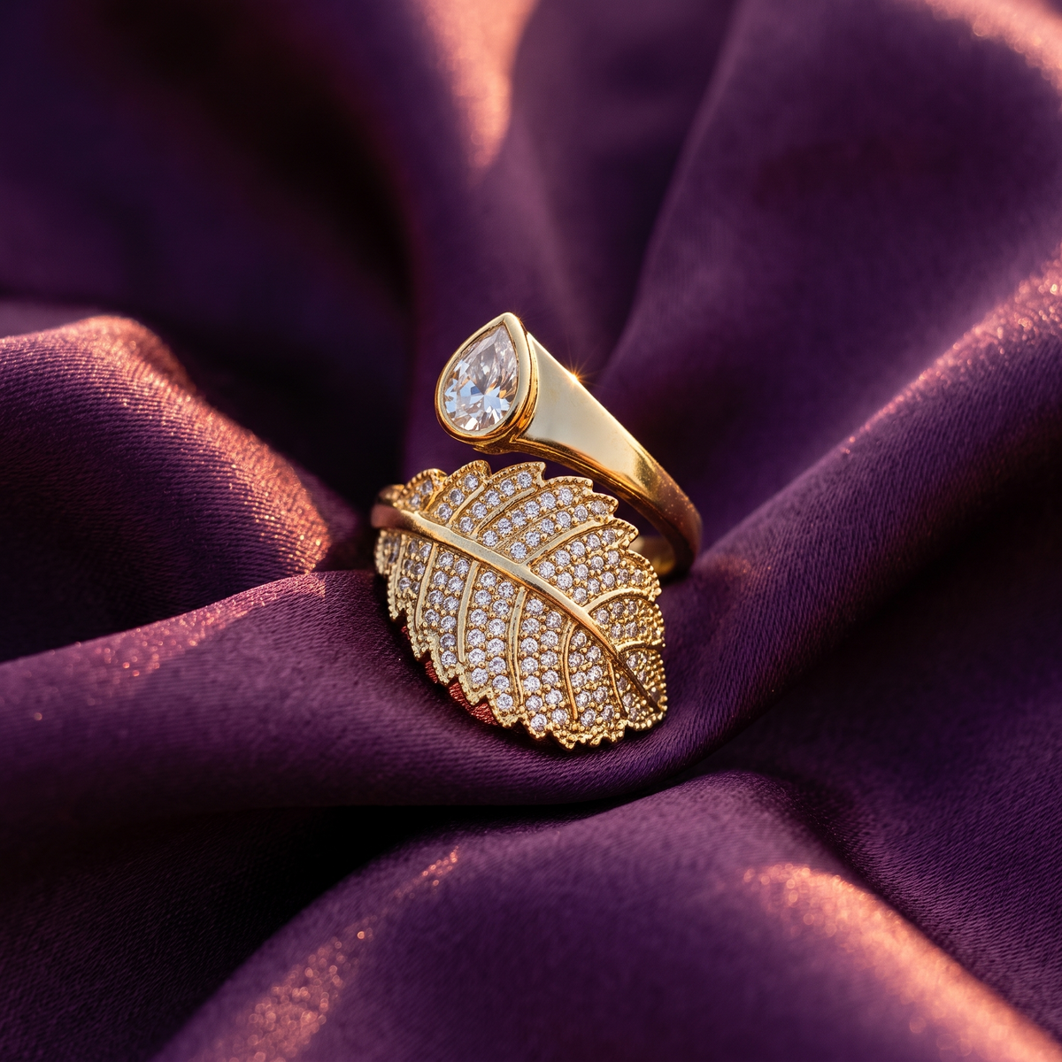Gold Pavé Leaf Bypass Ring with Teardrop Crystal | S.W.ANJ