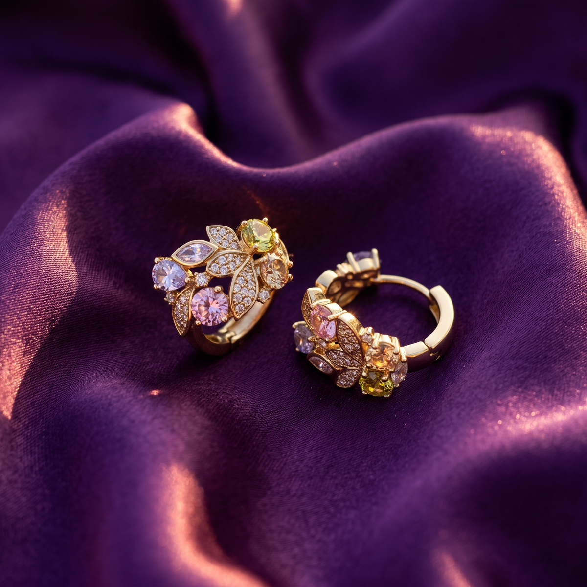Gold Pavé Leaf & Pastel Crystal Huggie Hoop Earrings | S.W.ANJ