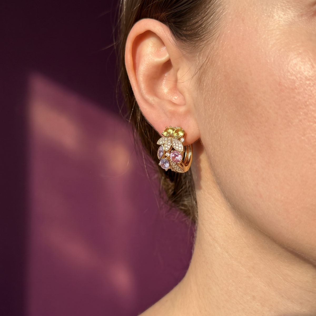 Gold Pavé Leaf & Pastel Crystal Huggie Hoop Earrings | S.W.ANJ