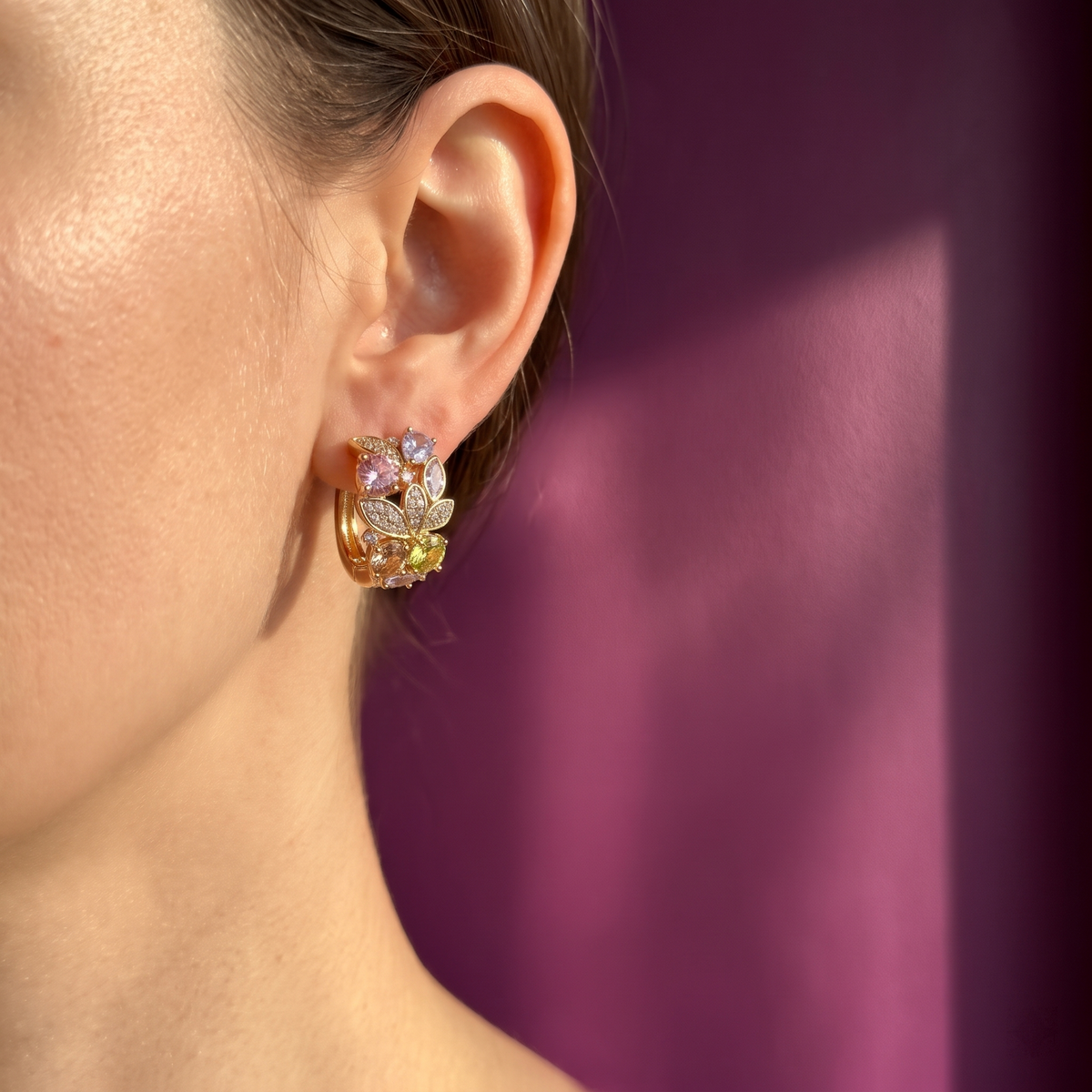 Gold Pavé Leaf & Pastel Crystal Huggie Hoop Earrings | S.W.ANJ