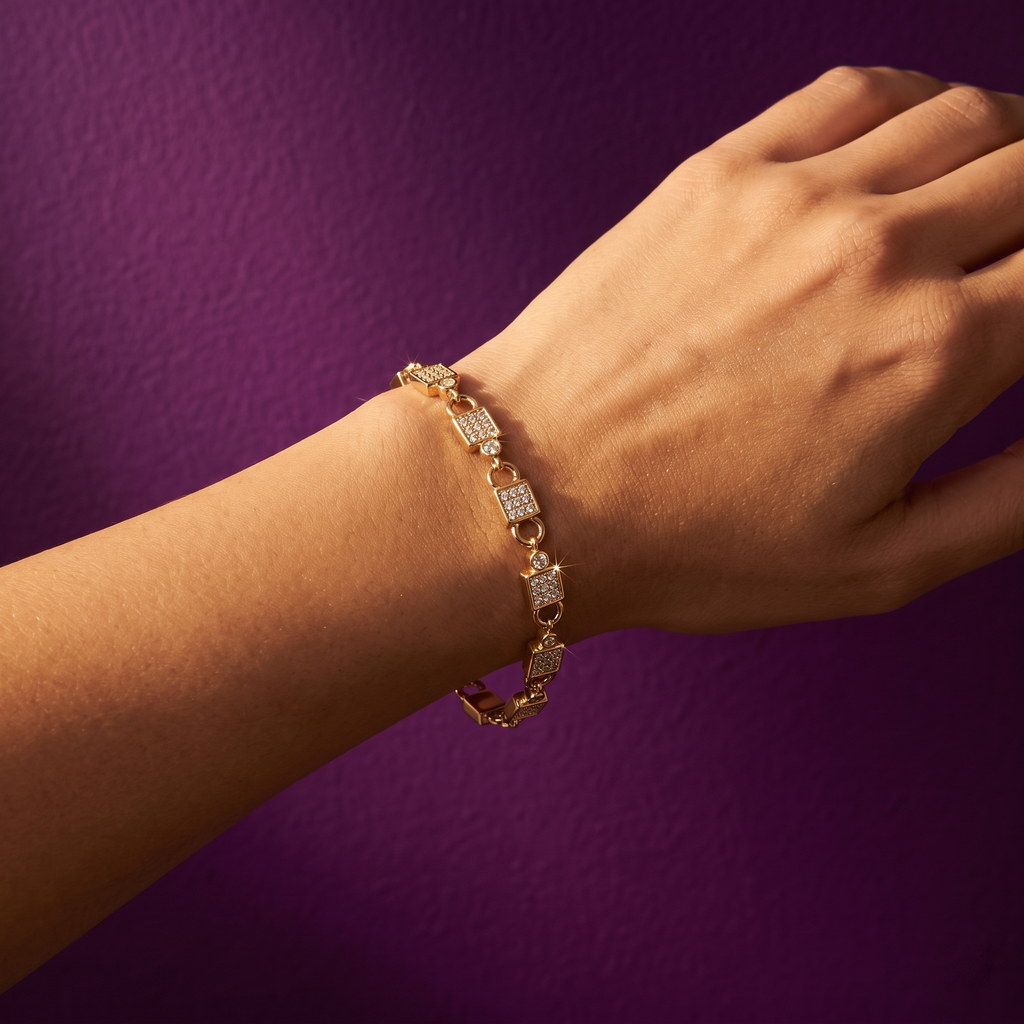 Gold Pavé Square Padlock Link Bracelet | S.W.ANJ
