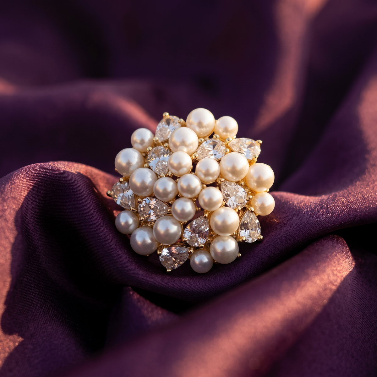 Gold Pearl & Crystal Cluster Cocktail Ring | S.W.ANJ