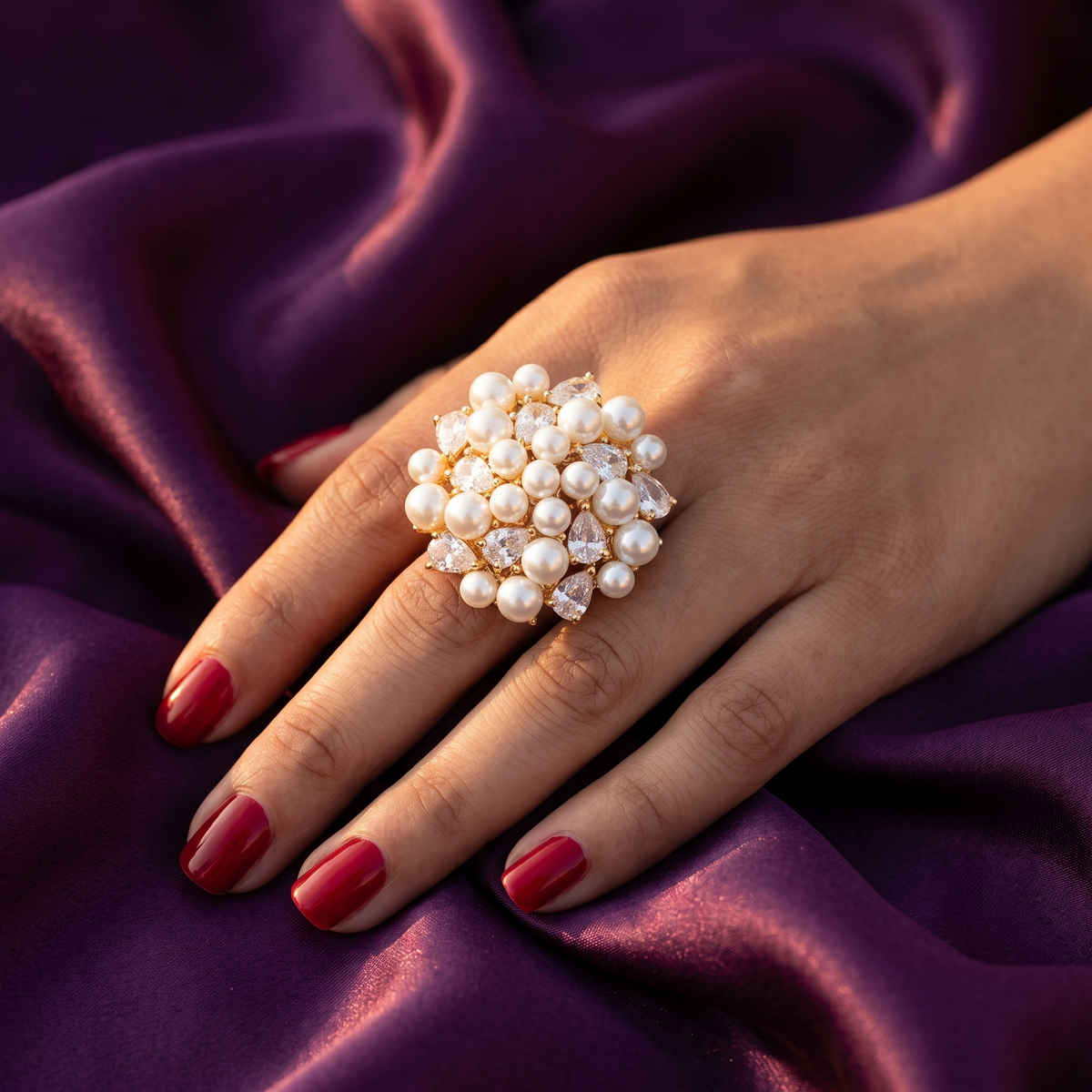 Gold Pearl & Crystal Cluster Cocktail Ring | S.W.ANJ