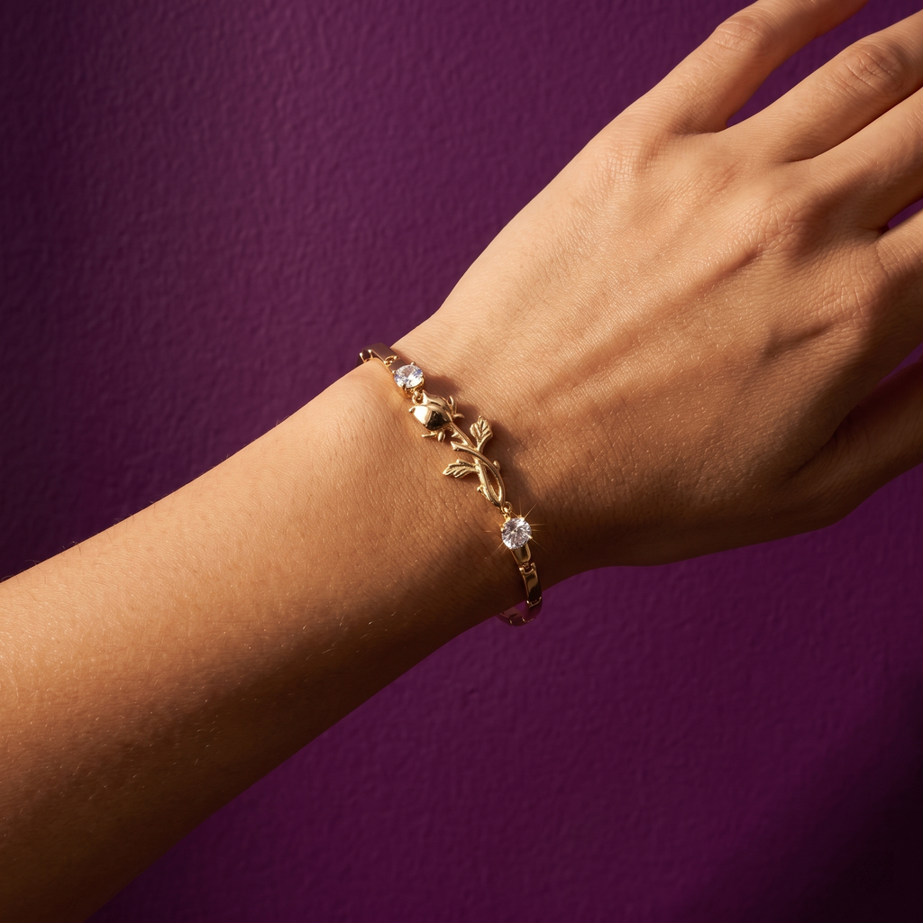 Gold Rose Vine Bar Link Bracelet with Crystals | S.W.ANJ