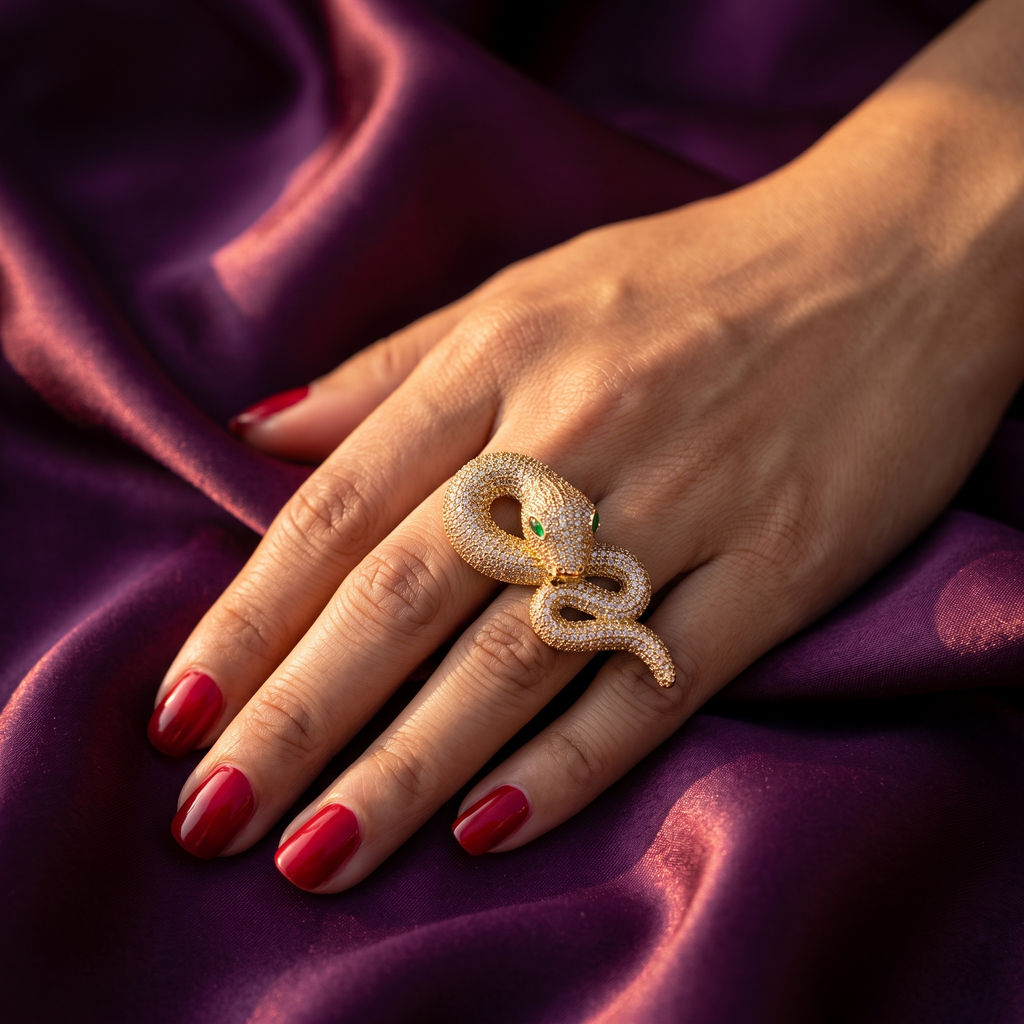 Gold Pavé Crystal Serpent Statement Ring with Green Eyes | S.W.ANJ