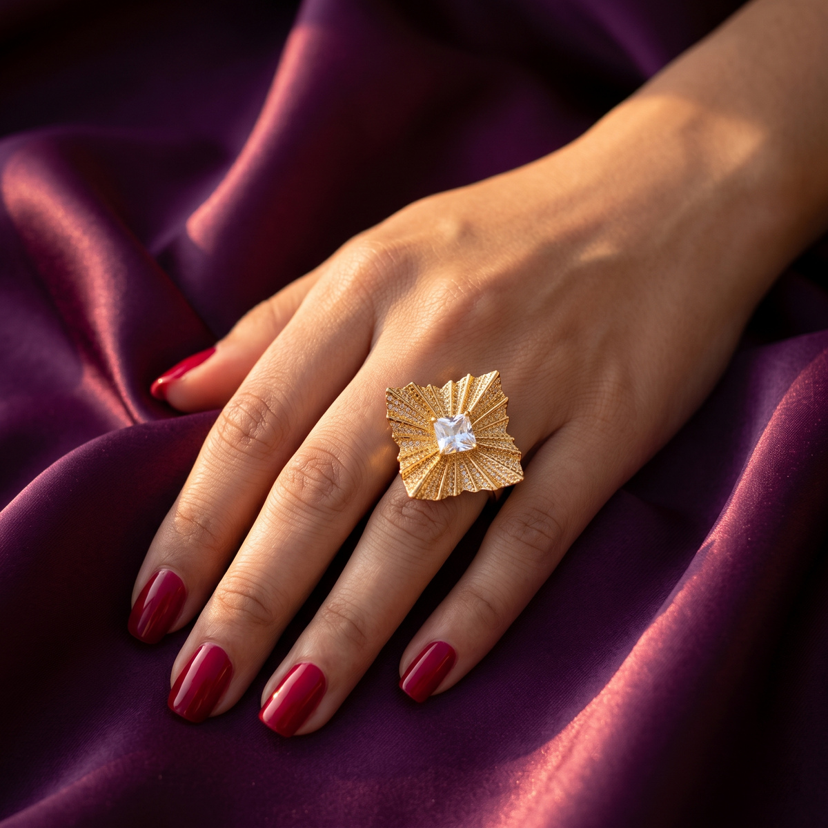 Gold Art Deco Square Sunburst Cocktail Ring with Cushion Crystal | S.W.ANJ