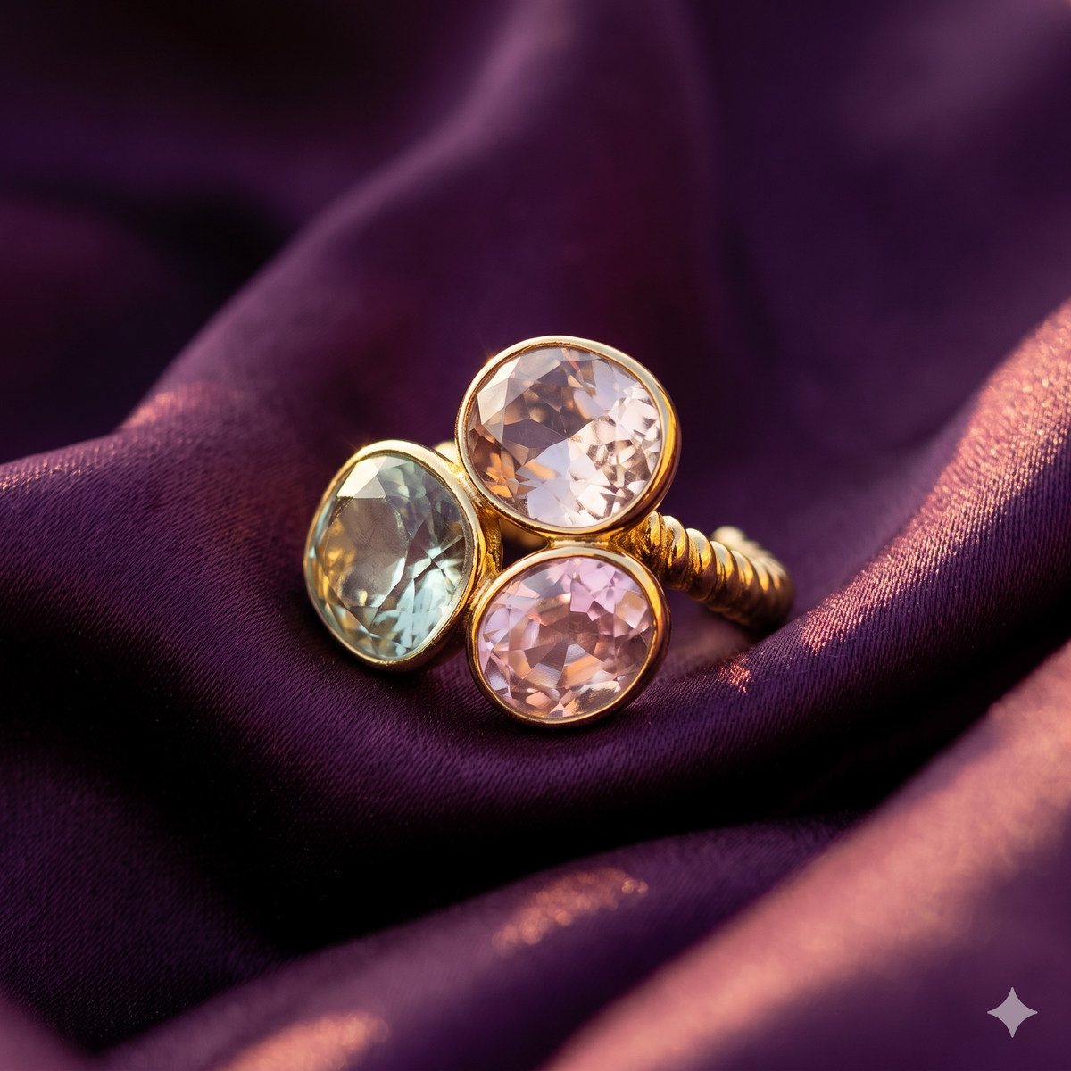 Gold Tri-Colour Crystal Cluster Ring with Twisted Open Band | S.W.ANJ