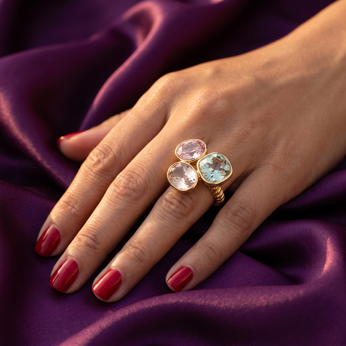 Gold Tri-Colour Crystal Cluster Ring with Twisted Open Band | S.W.ANJ