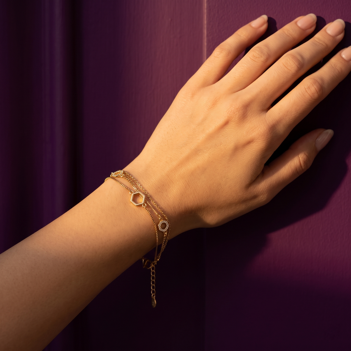 Gold Triple Layer Hexagon Charm Chain Bracelet | S.W.ANJ