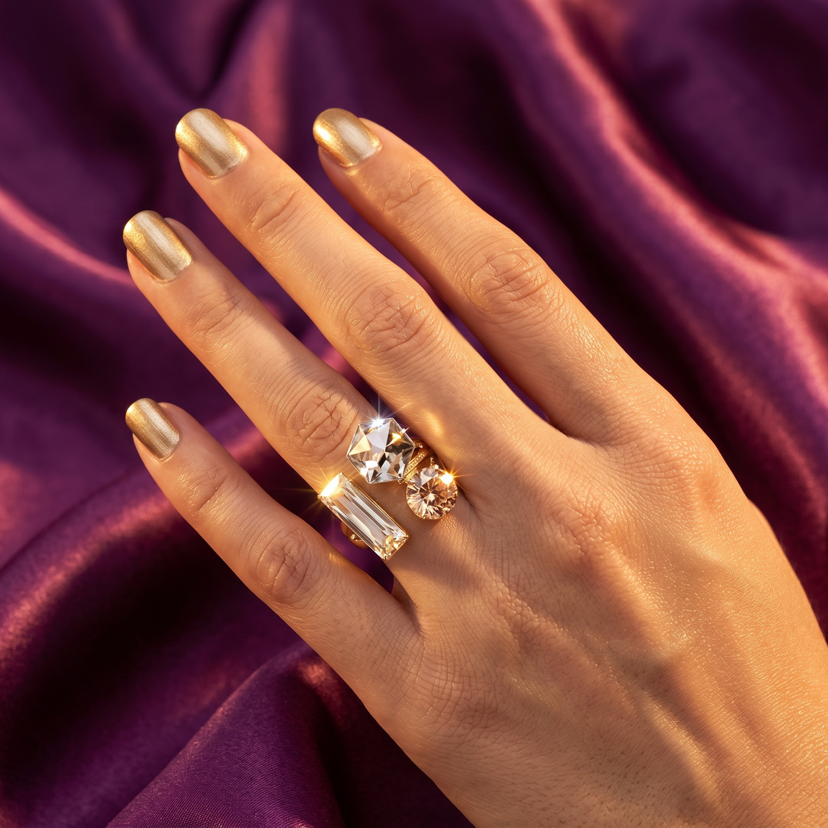 A close-up of a hand with gold nail polish wearing a silver-toned ring set with a large clear marquise-cut gemstone and a smaller round clear gemstone, posed against draped purple satin fabric.