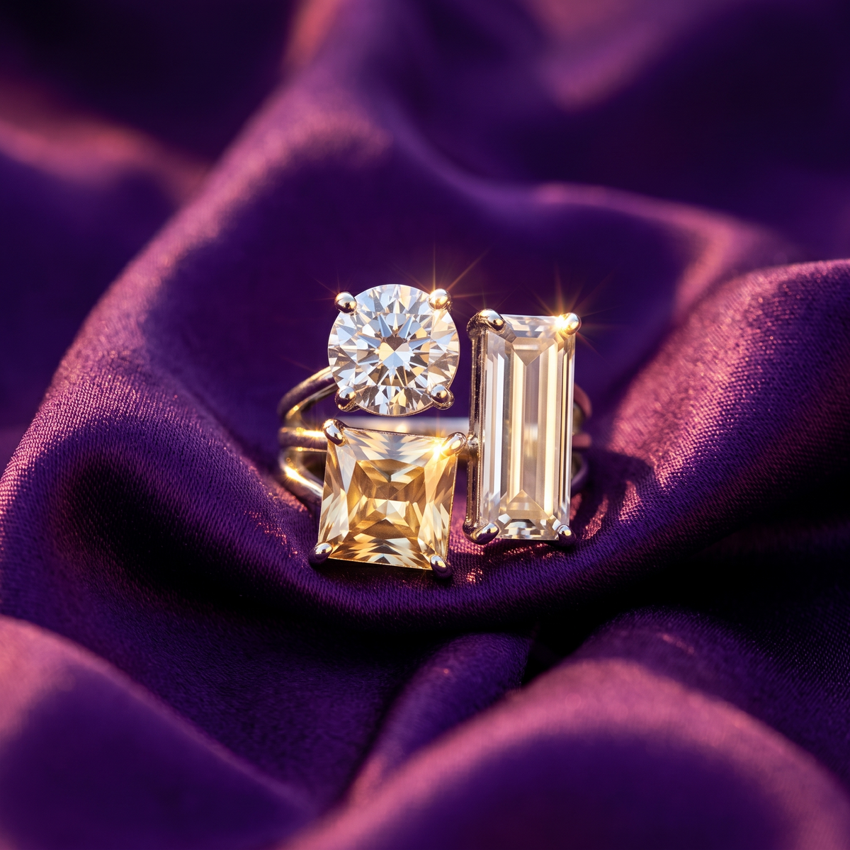 A gold ring set featuring a round brilliant-cut diamond and an emerald-cut yellow diamond, displayed on draped purple satin fabric.
