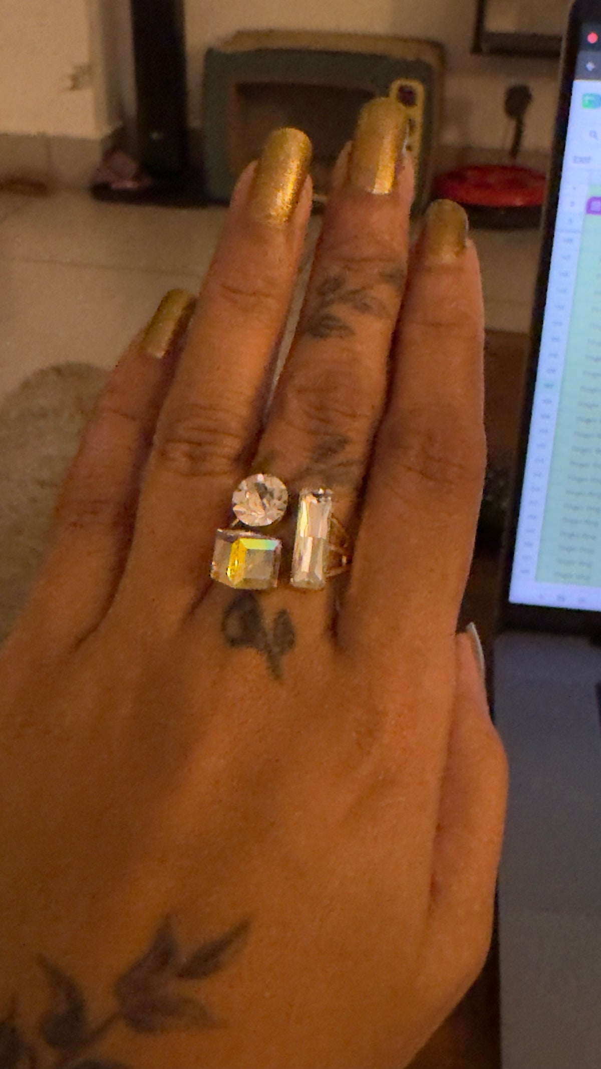 Gold Geometric Three-Stone Open Ring with Baguette Crystal | S.W.ANJ
