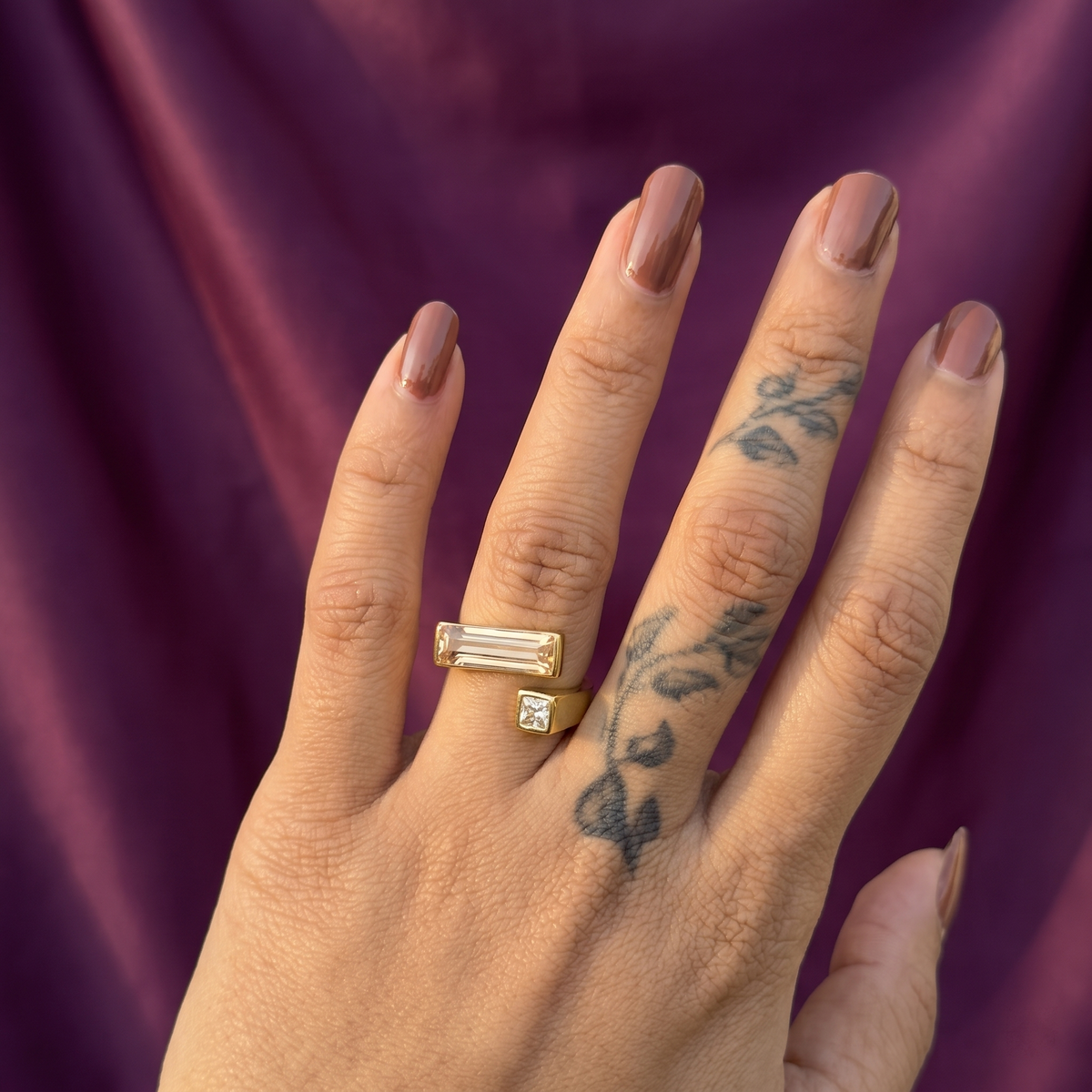Hand wearing minimal gold open bypass ring with baguette crystal – everyday party wear ring, perfect gift for her